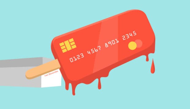 Illustration of an ice pop with credit card information. A depiction of a credit freeze. Congelar el crédito